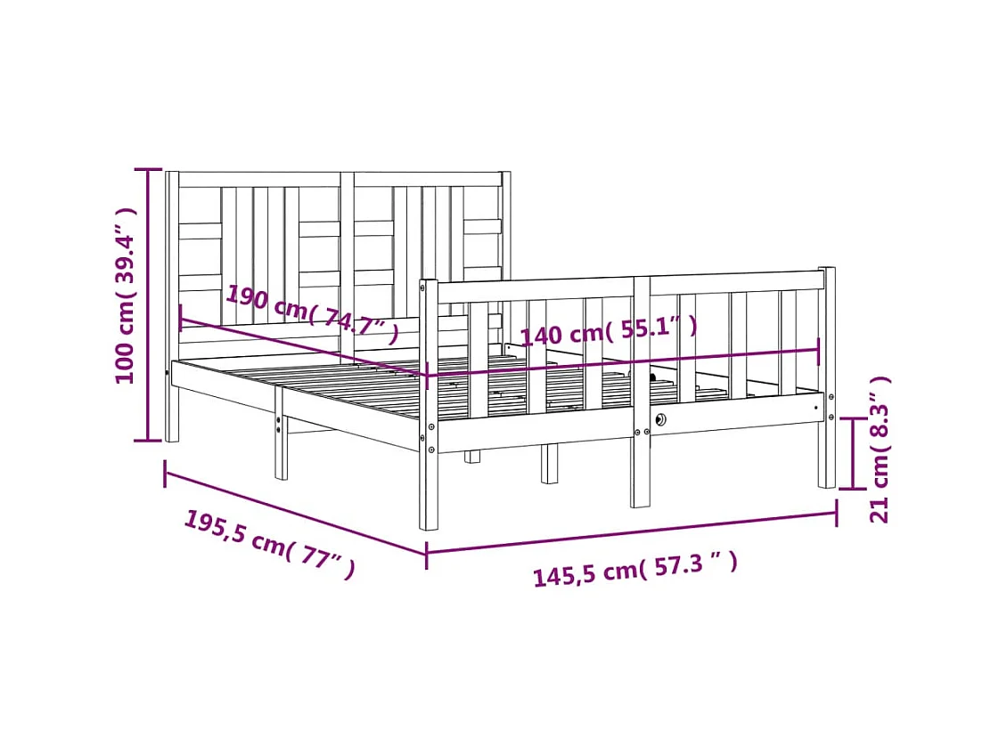 Cadre de lit sans matelas noir 140x190 cm bois de pin massif