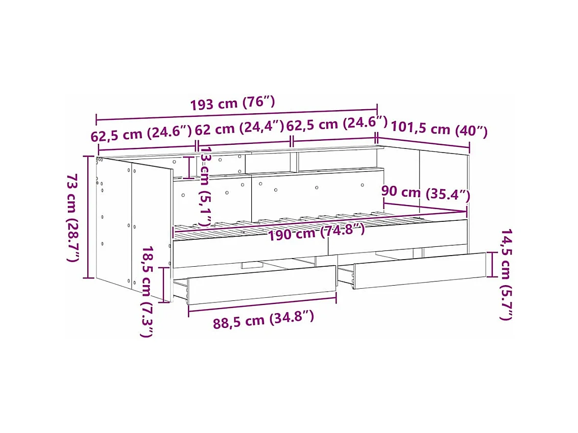 Cadre de lit de jour avec tiroirs chêne artisanal 90 x 190 cm