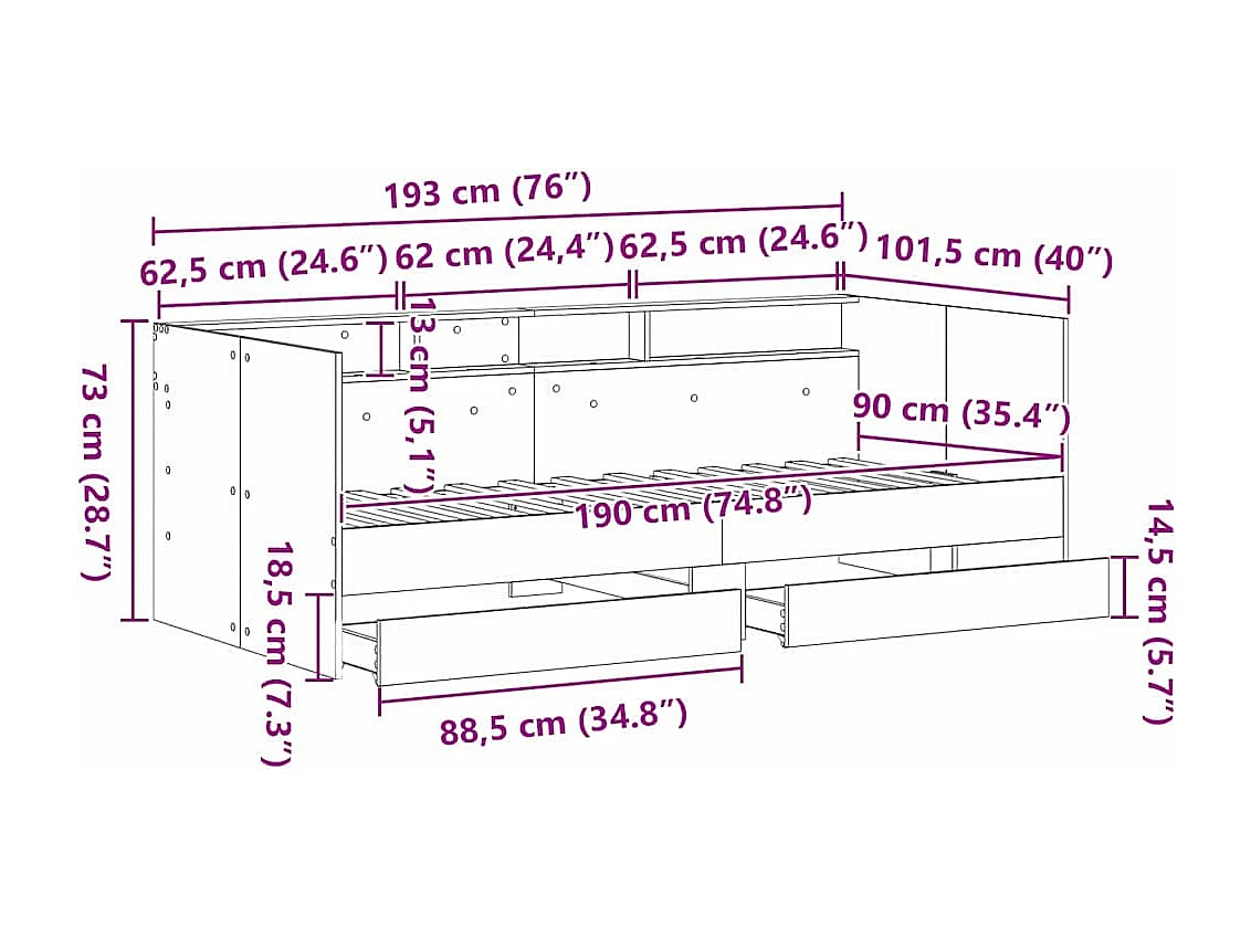 Lit d'appoint Chêne artisanal 90 x 190 cm Bois d'ingénierie