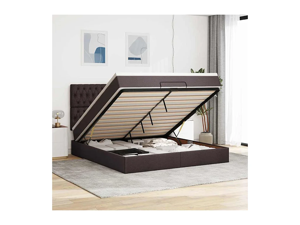 Cadre de lit ottoman avec matelas marron foncé 160x200 cm tissu