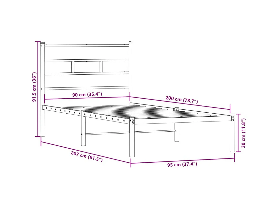 Cadre de lit en métal sans matelas chêne sonoma 90x200 cm