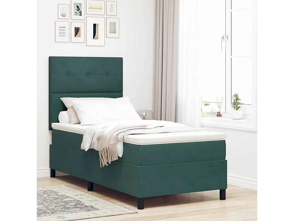 Lit à ressorts avec tête de lit Vert foncé 90 x 190 cm Velours