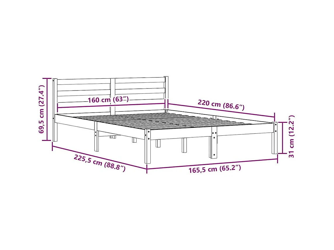 Cama com cabeceira Branco 220 x 160 cm Madeira de pinho maciça