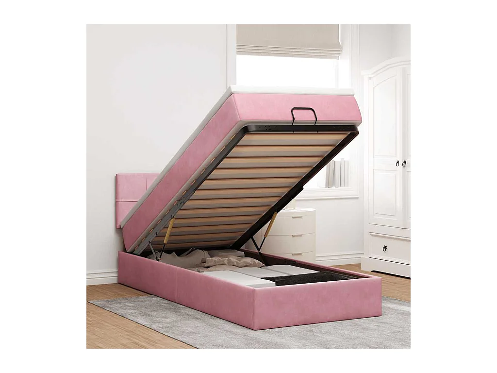 Cadre de lit ottoman avec matelas rose 100x200 cm velours