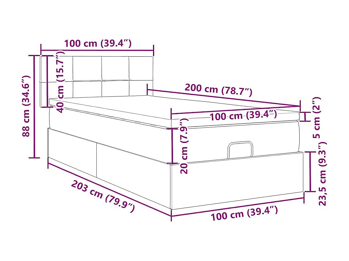 moldura de cama otomana  com colchão rosa 100x200cm veludo