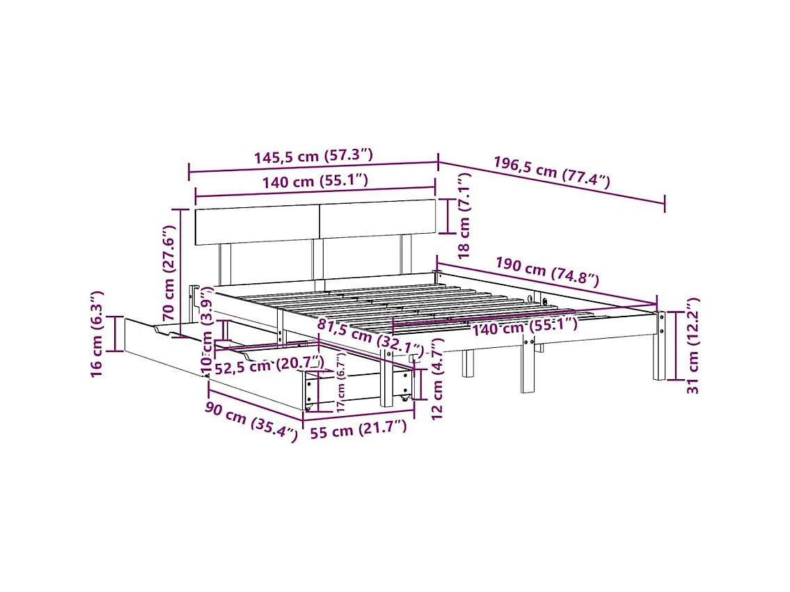Cadre de lit sans matelas blanc 140x190 cm bois de pin massif