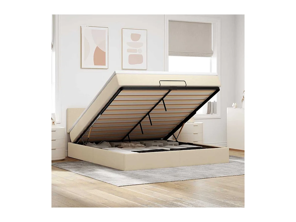 Cadre de lit ottoman avec matelas crème 160x200 cm tissu