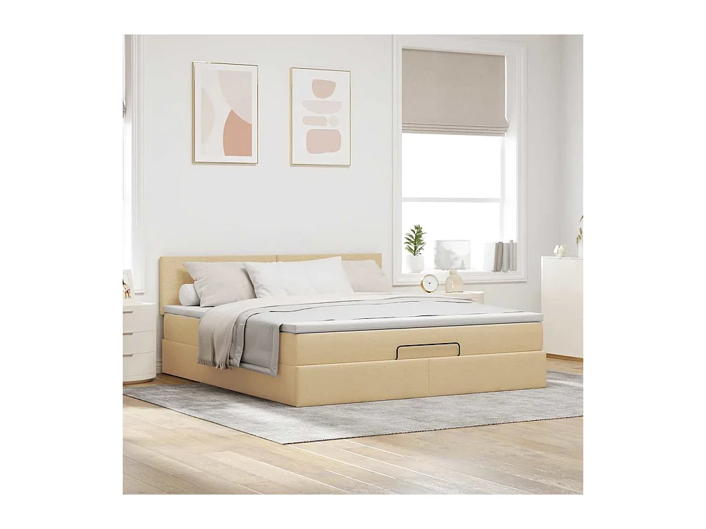 Cadre de lit ottoman avec matelas crème 160x200 cm tissu