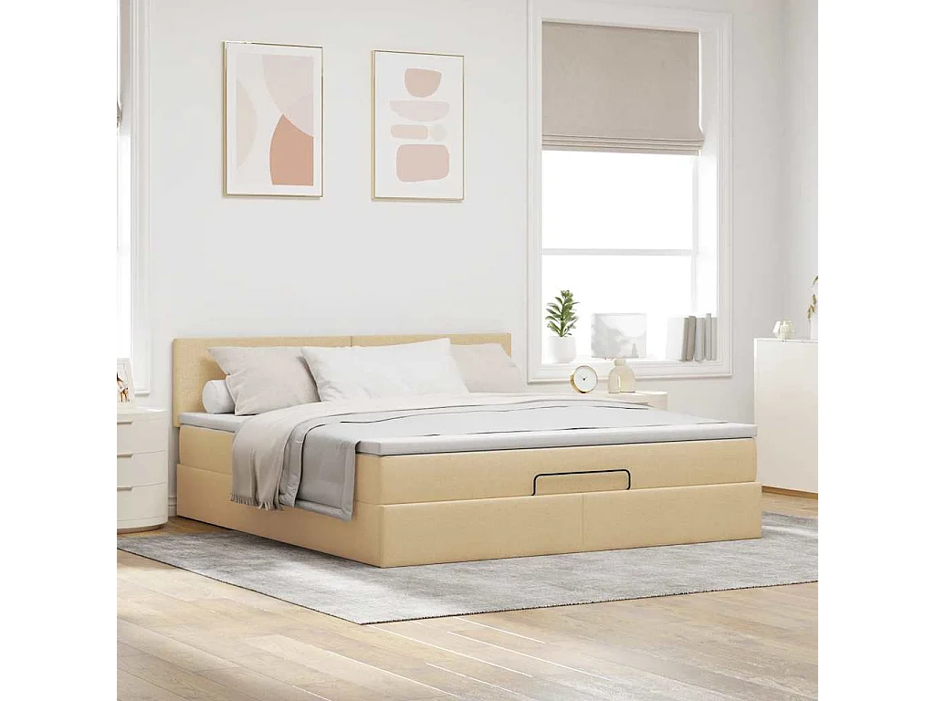 Struttura Letto Pouf con Materasso Crema 160x200 cm in Tessuto