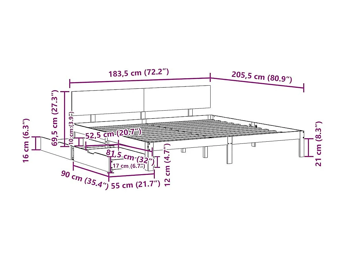Massivholzbett mit Schubladen 180x200 cm Kiefer
