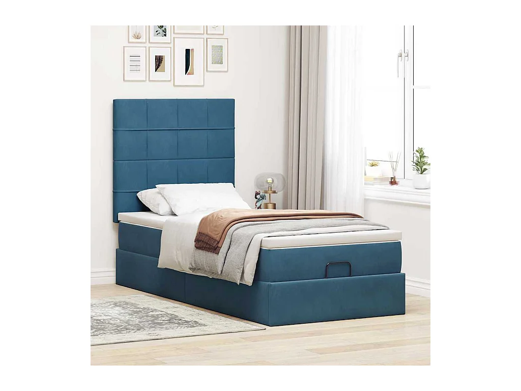 Cadre de lit ottoman avec matelas bleu foncé 90x190 cm velours