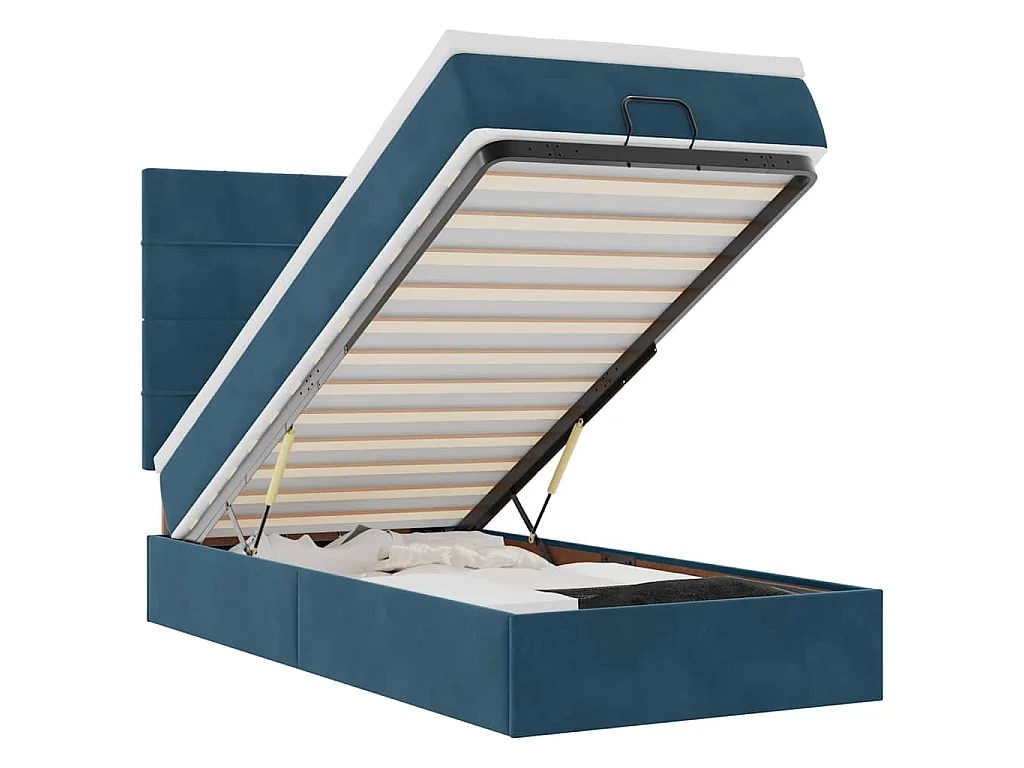 Estructura de cama otomana con colchones terciopelo azul oscuro