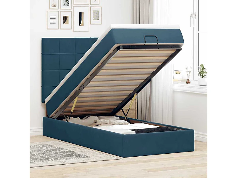 Estrutura cama otomana com colchões azul escuro 90x190cm veludo