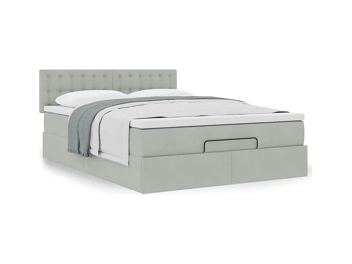 Cadre de lit ottoman et matelas gris clair 140x190 velours