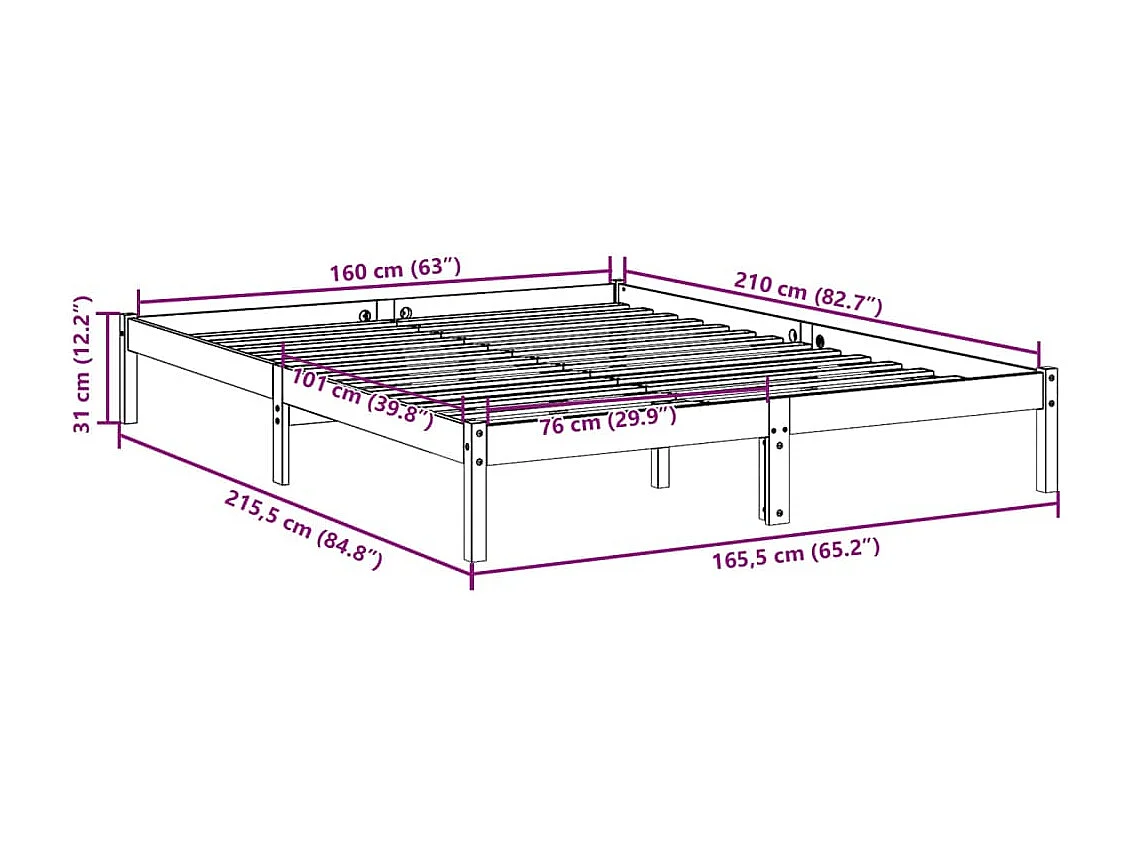Cadre de lit extra long sans matelas 160x210 cm bois massif pin