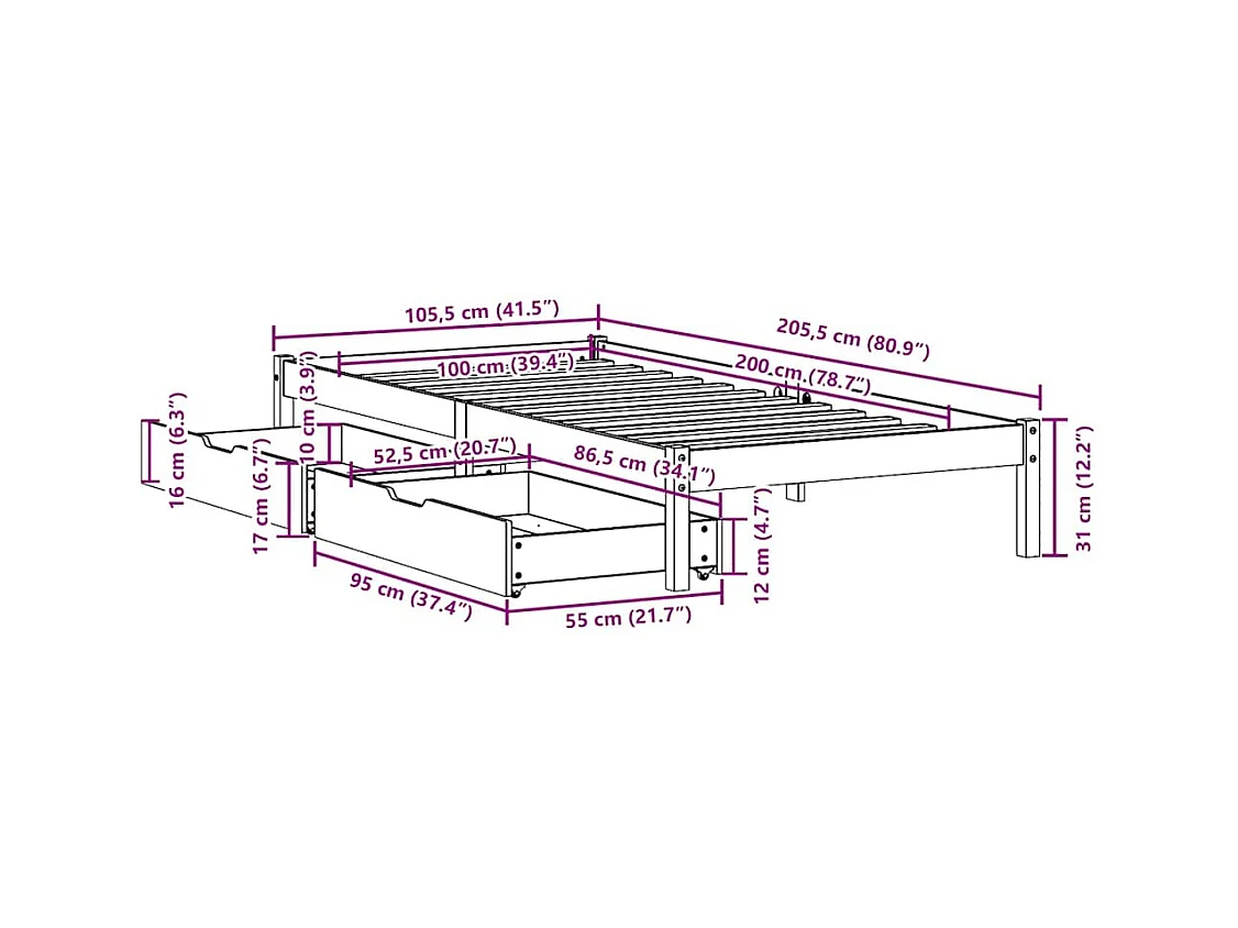 Cama sem colchão 100x200 cm madeira de pinho maciça branco