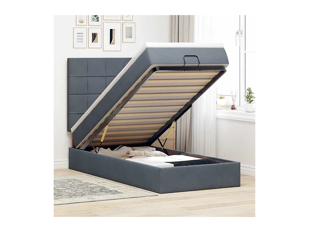 Cadre de lit ottoman et matelas gris foncé 90x200 cm velours
