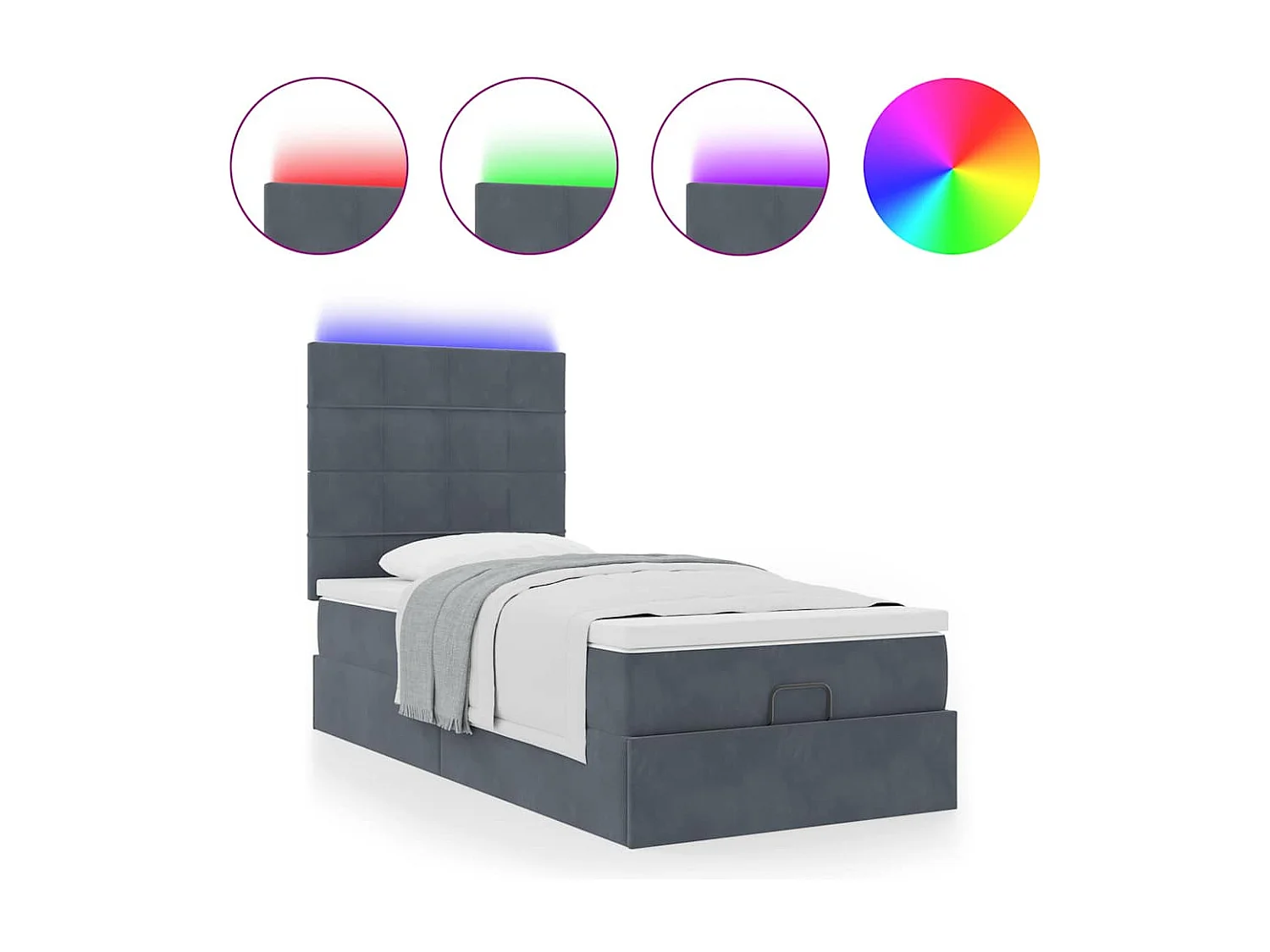 Ottoman-Bett mit Matratzen & LEDs Dunkelgrau 90x200 cm Samt