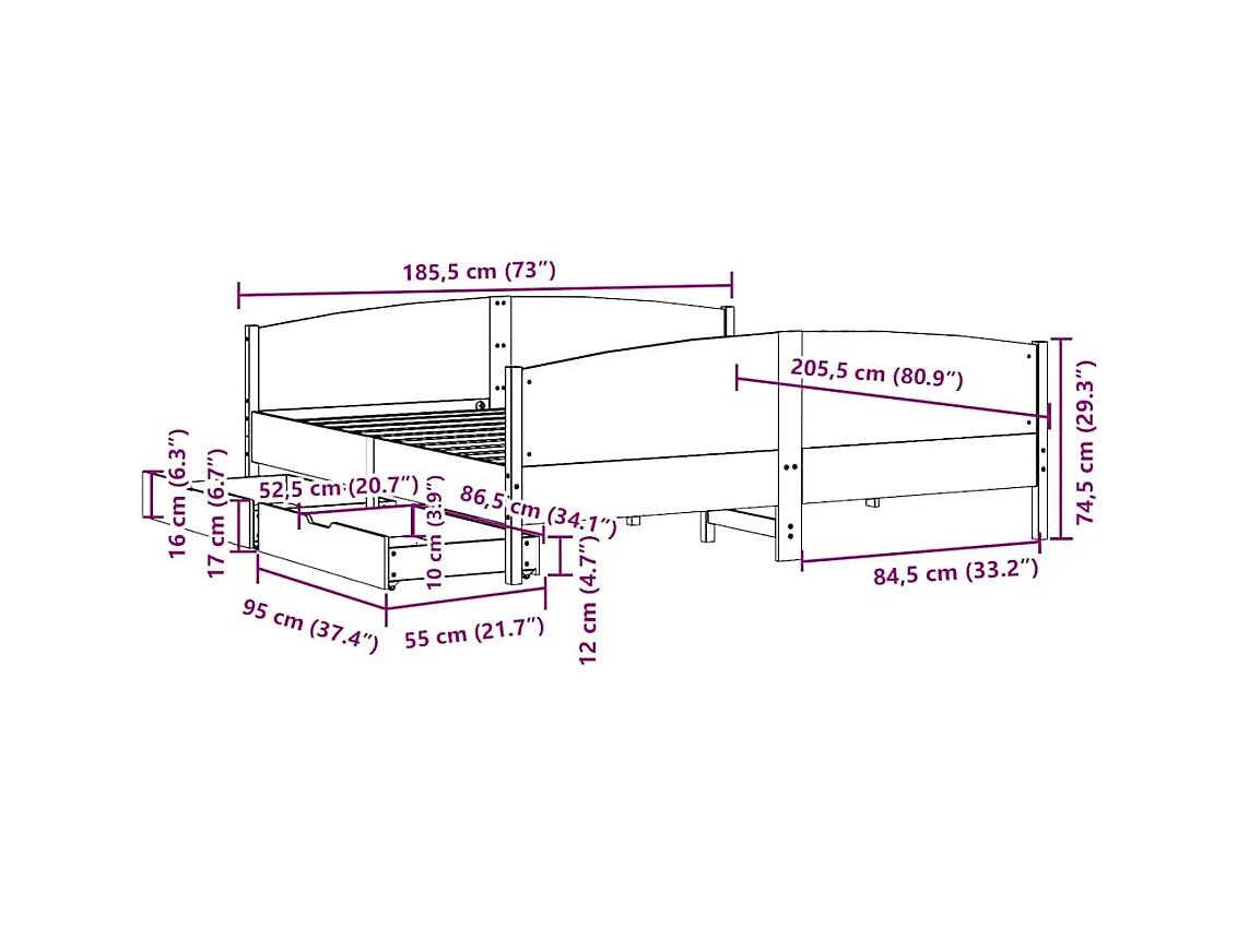 Letto senza Materasso 180x200 cm in Legno Massello di Pino