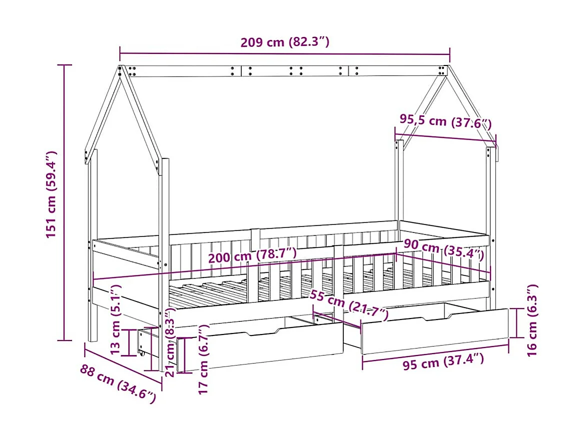 Kinderbett mit Schubladen 90x200 cm Massivholz Kiefer