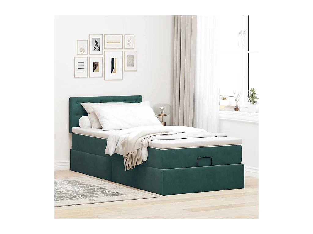 Lit ottoman avec matelas et LED Vert foncé 90x200cm velours