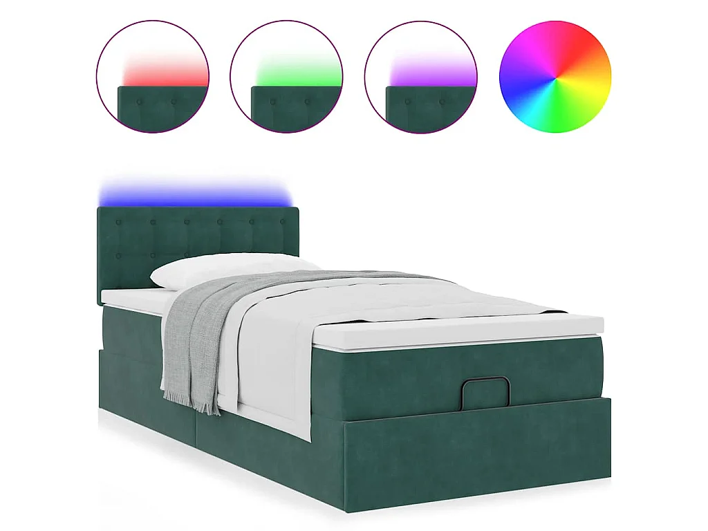 Lit ottoman avec matelas et LED Vert foncé 90x200cm velours