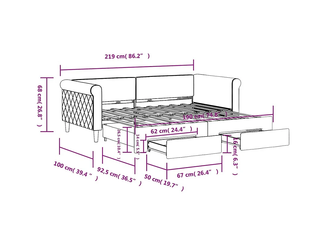 Lit de jour avec gigogne et tiroirs sans matelas 90x190 cm