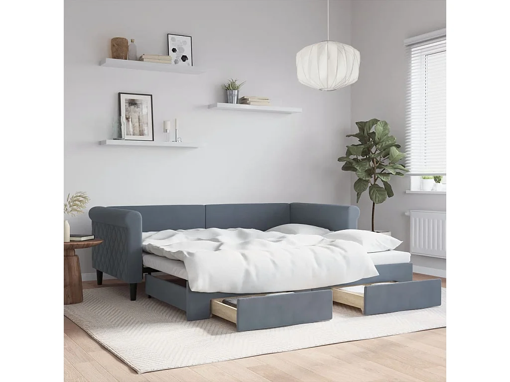 Divano Letto Estraibile Cassetti Grigio Scuro 90x190cm Velluto