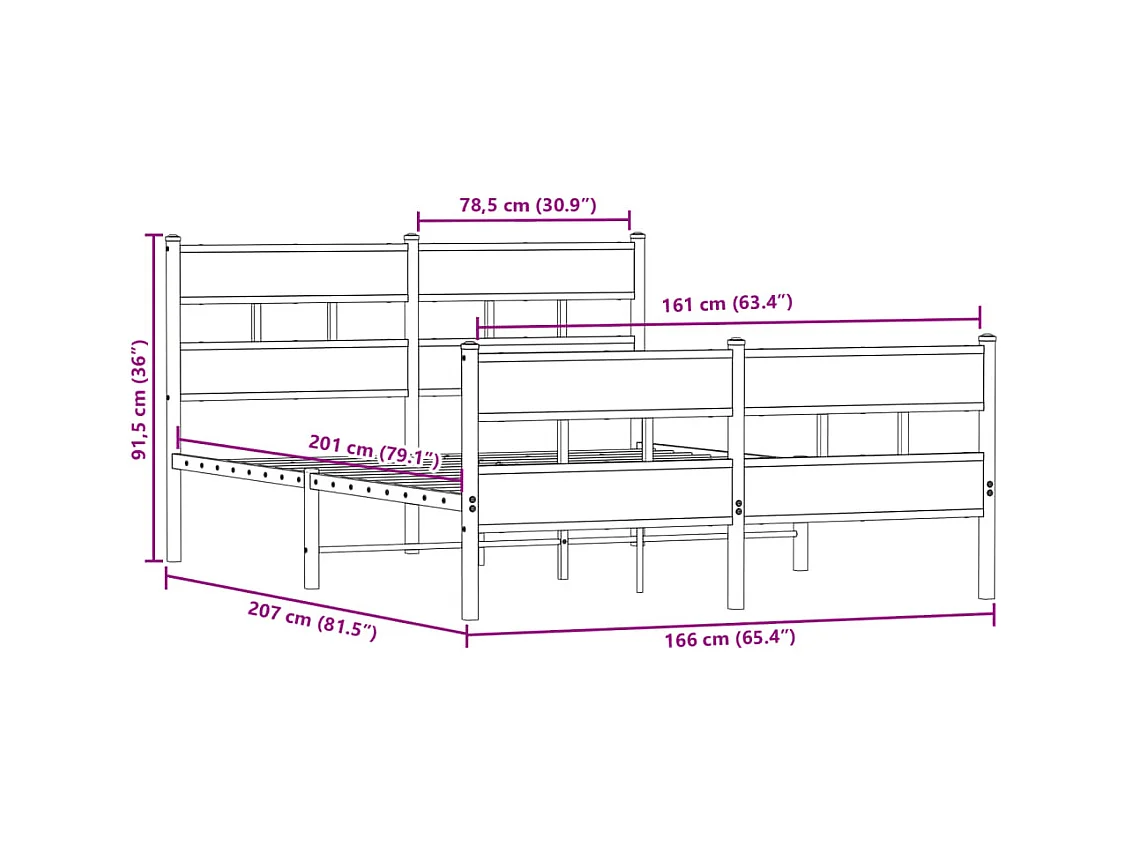 Cadre de lit en métal sans matelas chêne fumé 160x200 cm