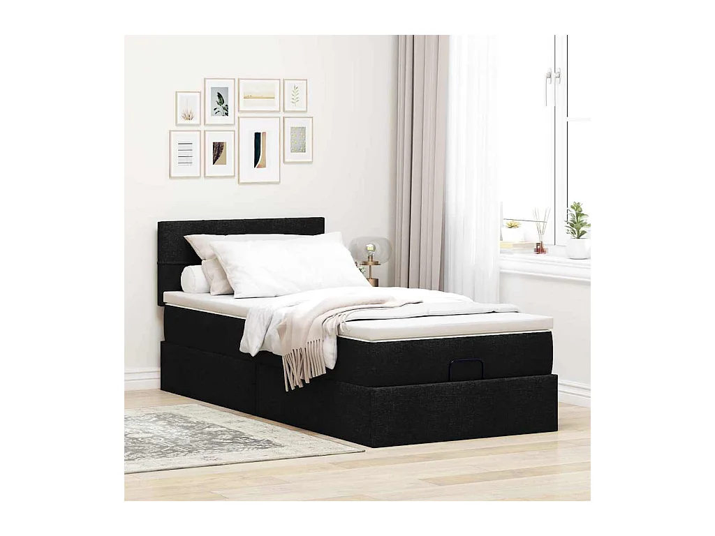 Lit ottoman avec matelas noir 90x200 cm tissu