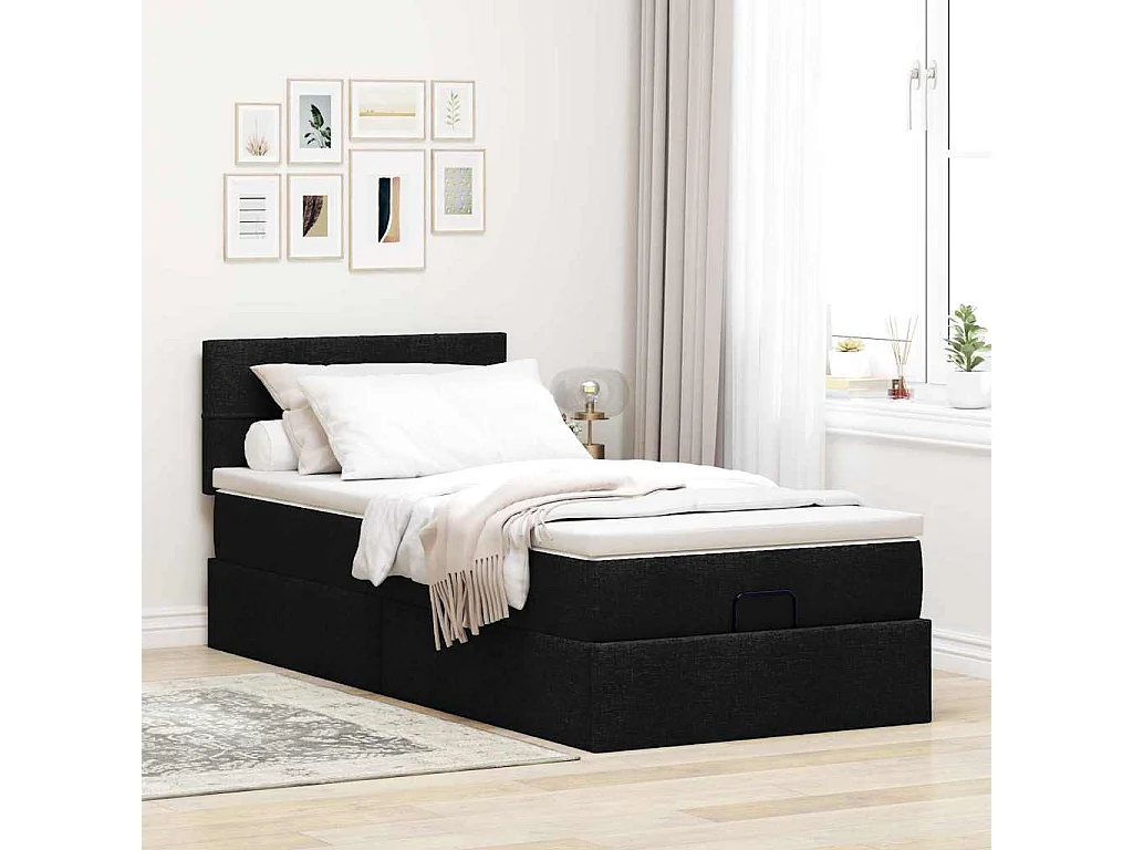 Pouf Letto con Materasso Nero 90x200 cm in Tessuto
