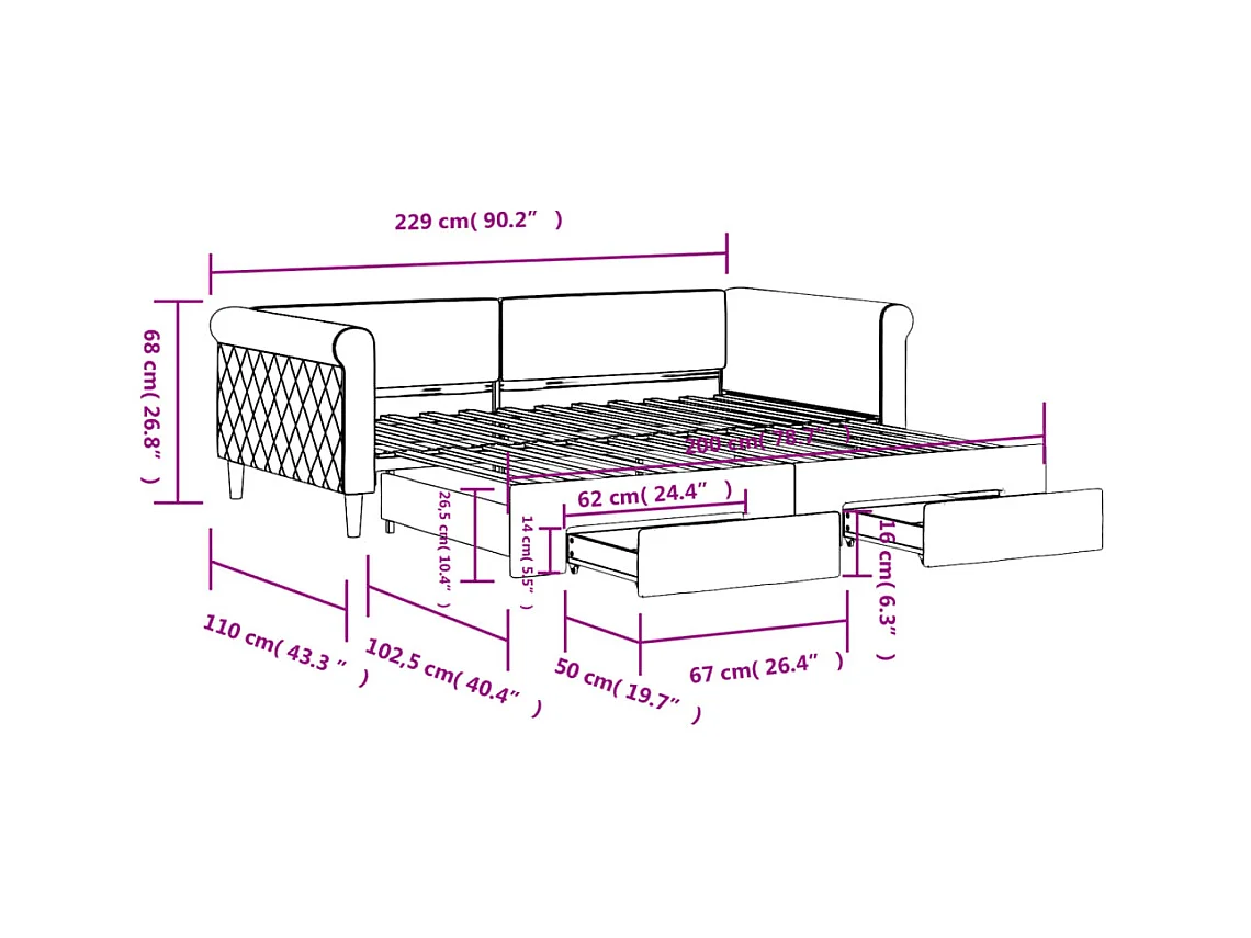 Tagesbett Ausziehbar mit Schubladen Dunkelgrau 100x200 cm Samt