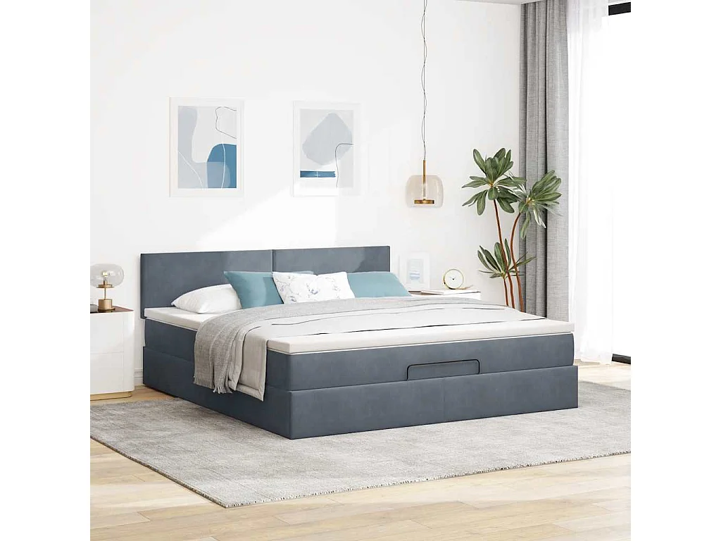 Cadre de lit ottoman avec matelas gris foncé 160x200 cm velours