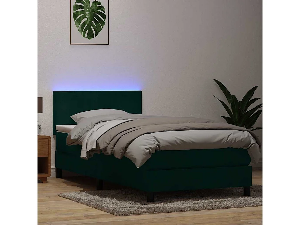 Letto a Molle con Materasso e LED Verde Scuro 90x220 cm Velluto