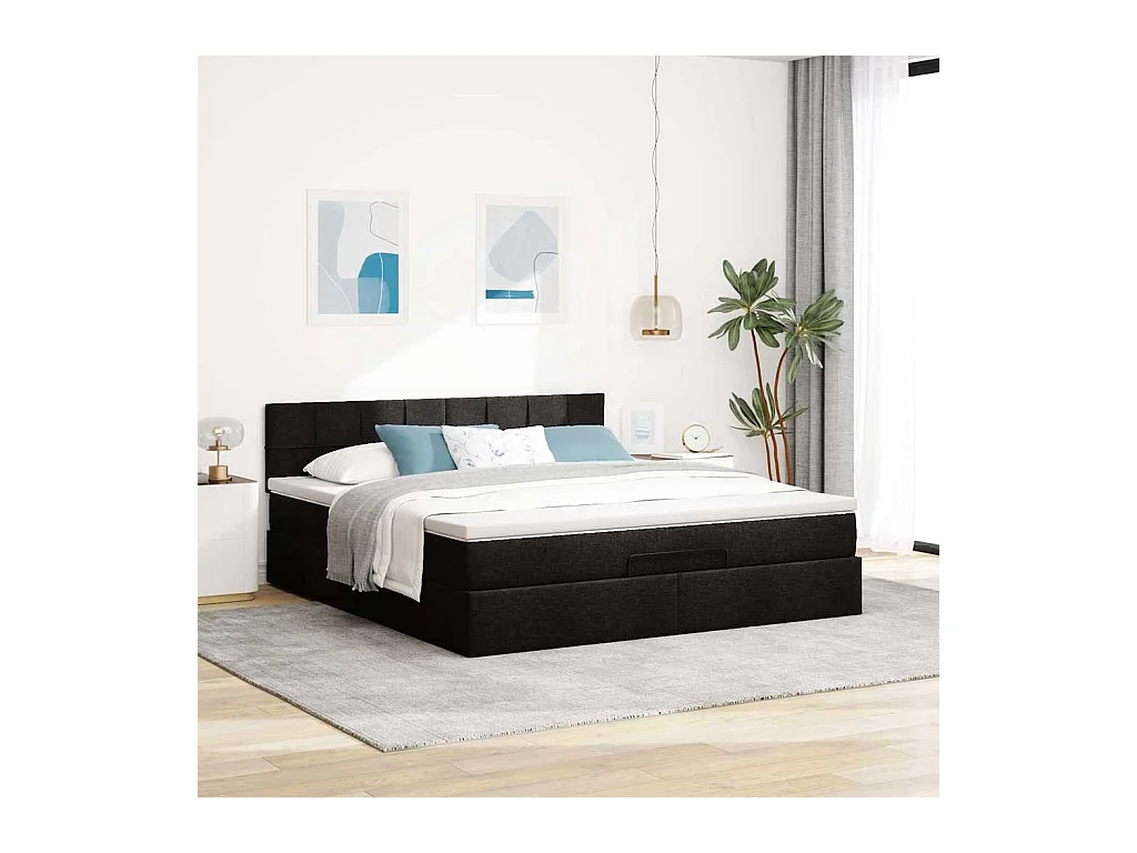 Lit ottoman avec matelas et LED Noir 180x200cm tissu