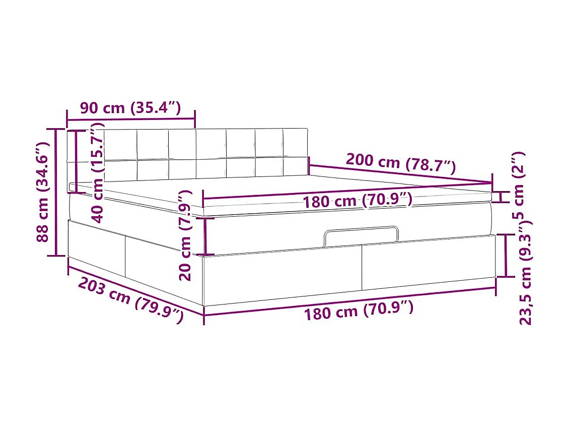Ottomane Bett mit Matratze & LEDs Schwarz 180x200 cm Stoff