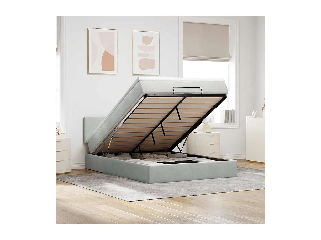 Ottoman-Bett mit Matratze & LEDs Hellgrau 140x200 cm Samt
