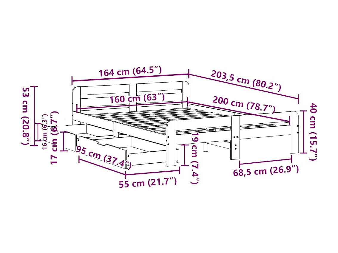 Letto senza Materasso Bianco 160x200 cm Legno Massello di Pino