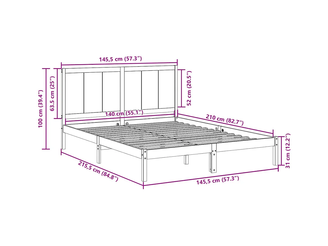 Bedframe extra lang zonder matras massief hout 140x210 cm