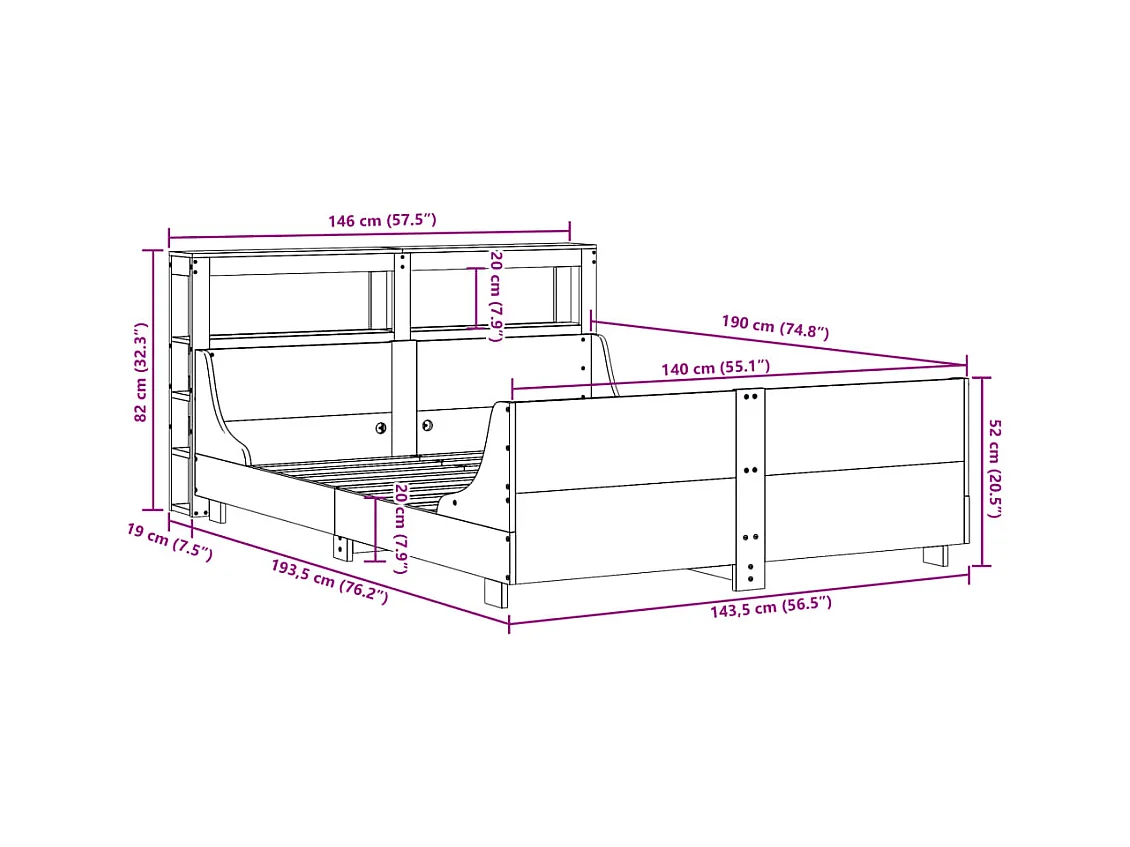 Cama sem colchão 140x190 cm pinho maciço castanho-mel