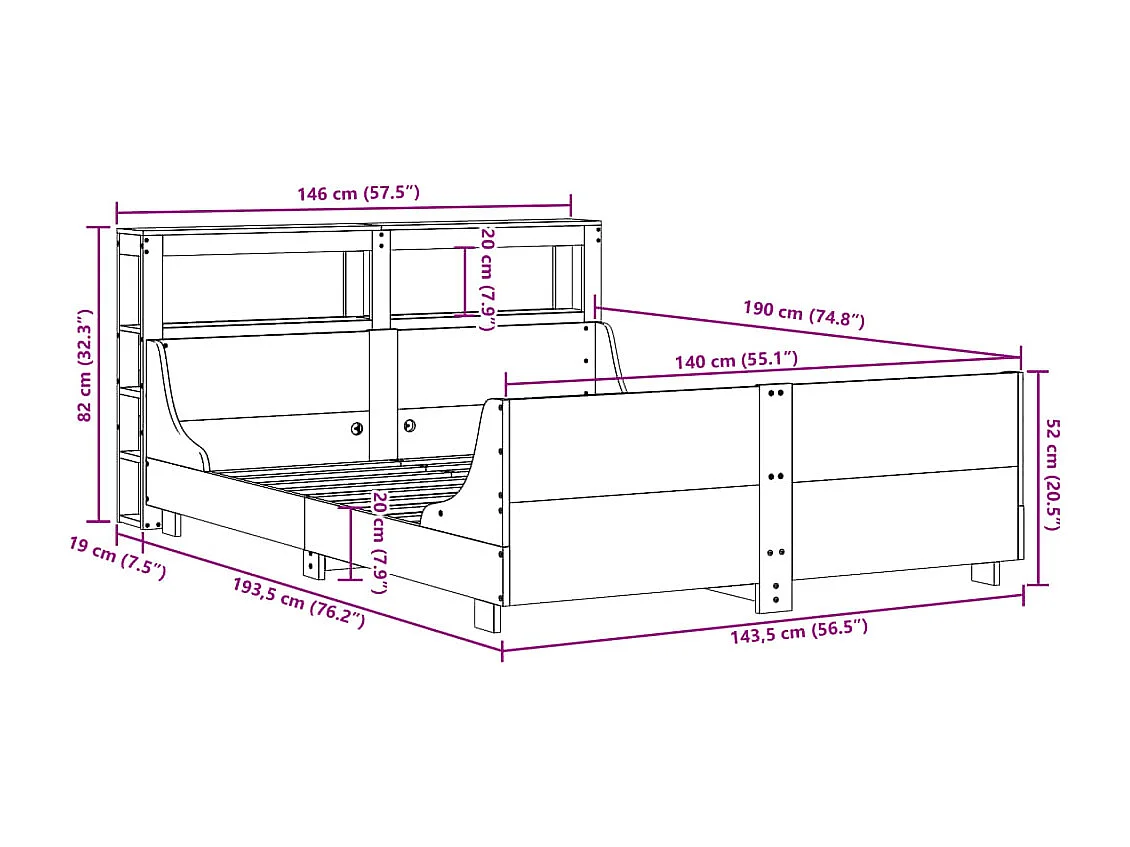Cadre de lit sans matelas cire marron 140x190cm bois pin massif