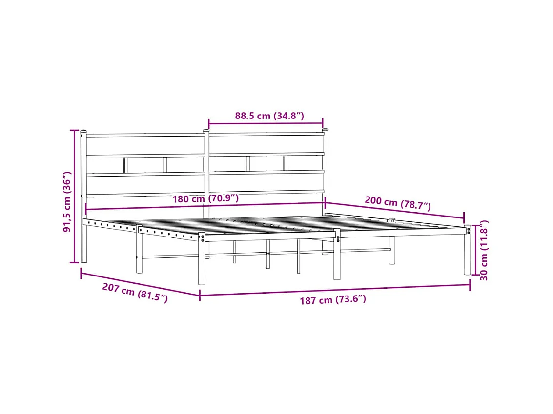 Metallbett ohne Matratze Räuchereiche 180x200 cm