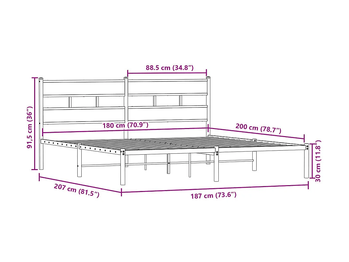 Metallbett ohne Matratze Räuchereiche 180x200 cm