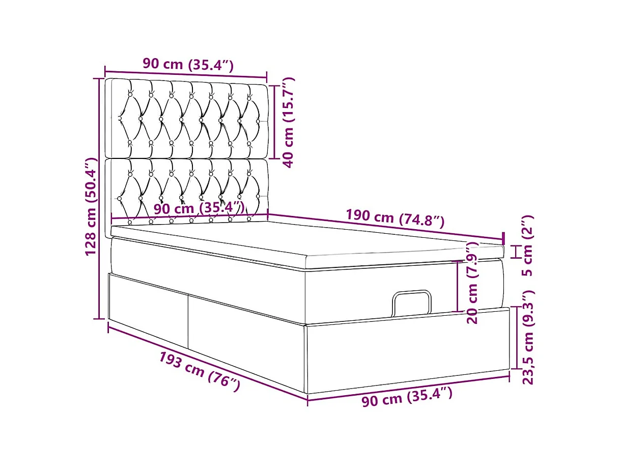 Cadre de lit ottoman avec matelas gris foncé 90x190 cm tissu