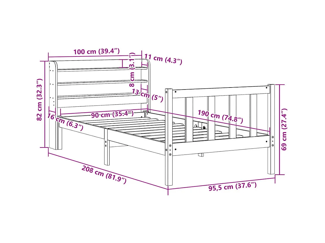 Cadre de lit sans matelas blanc 90x190 cm bois de pin massif