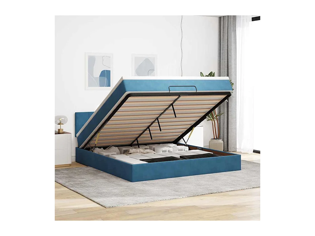 Cadre de lit ottoman avec matelas bleu foncé 160x200 cm velours