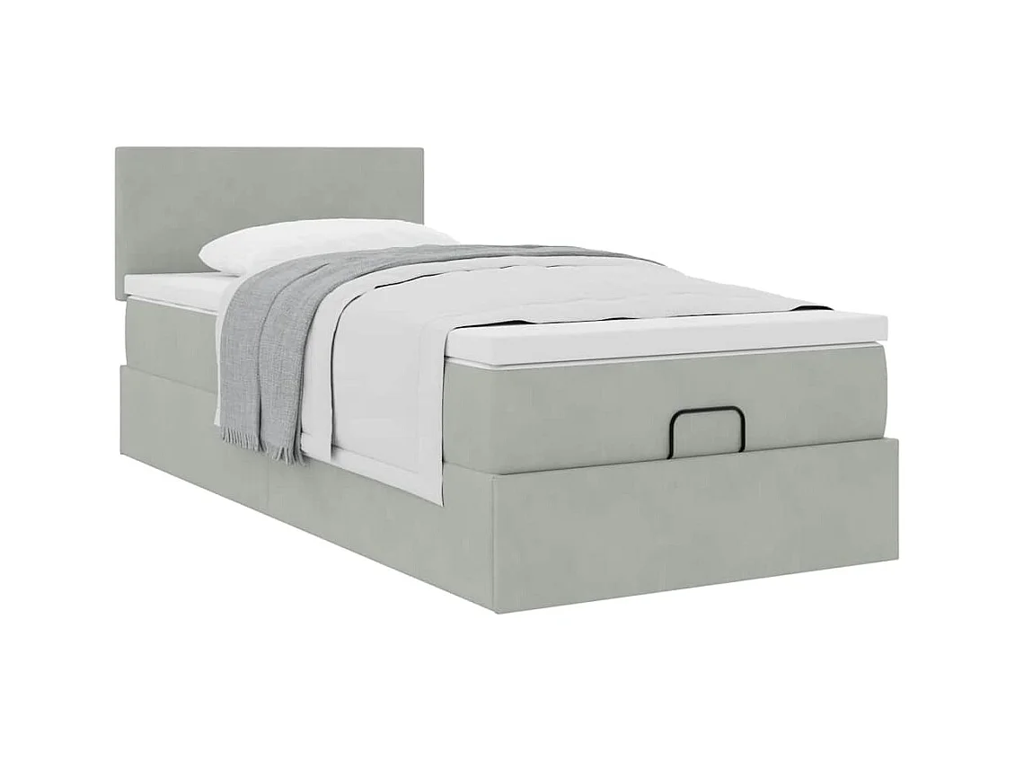 Cadre de lit ottoman et matelas gris clair 90x200 cm velours