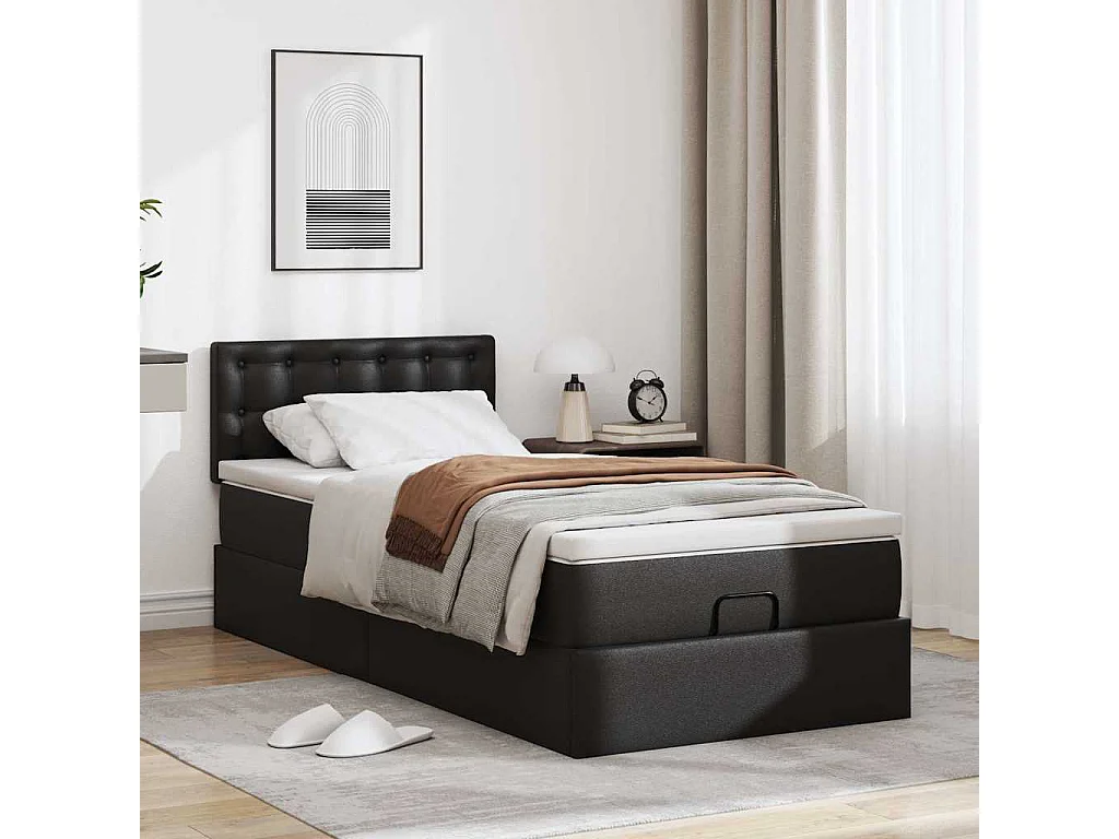Estrutura de cama otomana com colchão preto couro falso