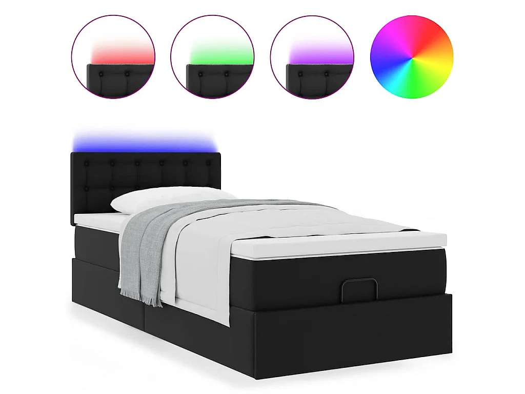 Estrutura de cama otomana com colchão preto couro falso