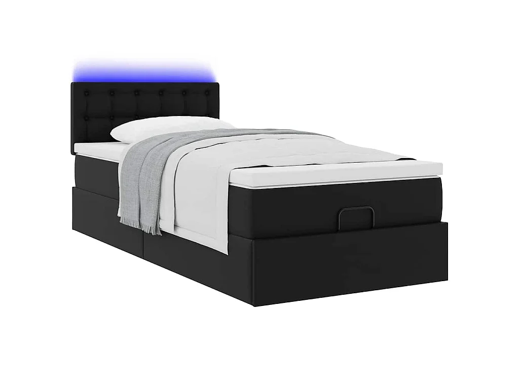 Estrutura de cama otomana com colchão preto couro falso